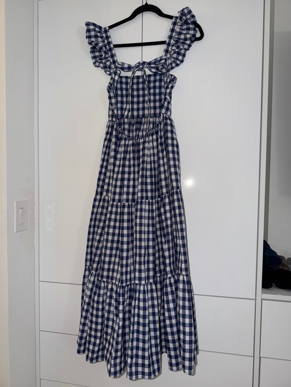 Reformation Navy and White Gingham Tiered Maxi Dress